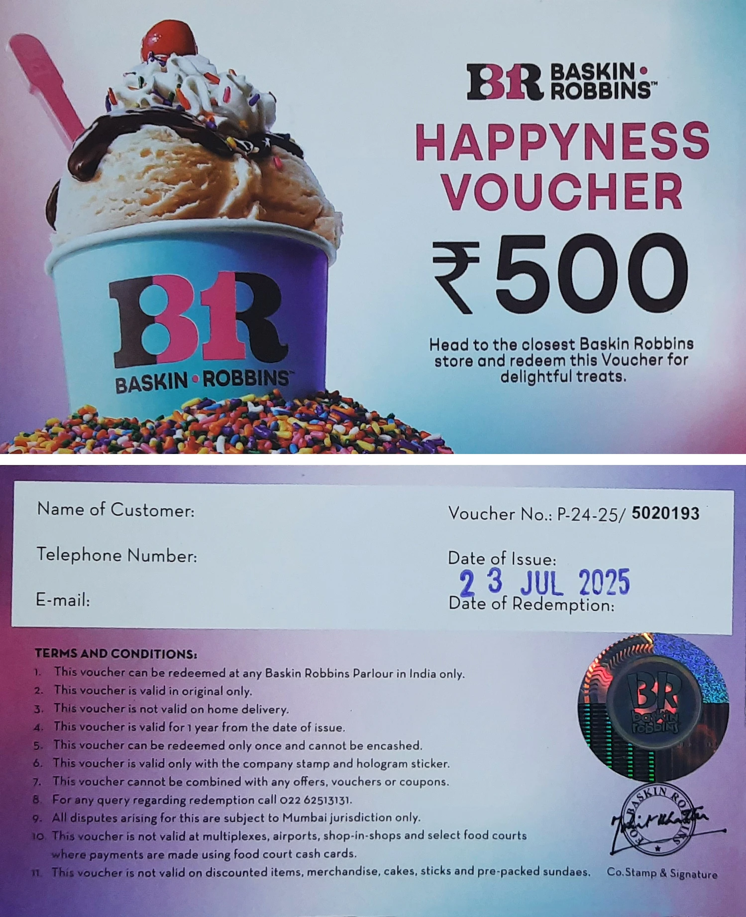 2 Baskin & Robins Voucher
